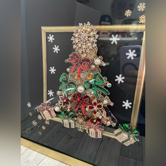 Rhinestone W/ Recycled Jeweled Christmas Tree~Framed 15x15x1.5 Hand Crafted